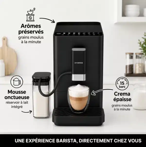 CF800_info Dyceros La machine à espresso automatique Dyceros Setosa Latte 15 bars dispose d'un réservoir à lait pour le cappuccino, de grains fraîchement moulus, d'une mousse de lait crémeuse et d'une crème épaisse. Le texte en français évoque l'expérience d'un barista à domicile dans une cuisine en noir et blanc.