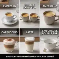 Dyceros Une grille présentant six boissons : expresso, double expresso, americano, cappuccino, latte et eau chaude pour le thé. Chaque boisson est présentée dans une tasse différente. La légende se lit comme suit : "6 boissons programmées pour un plaisir illimité".