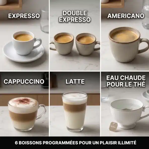 Dyceros Une grille présentant six boissons : expresso, double expresso, americano, cappuccino, latte et eau chaude pour le thé. Chaque boisson est présentée dans une tasse différente. La légende se lit comme suit : "6 boissons programmées pour un plaisir illimité".