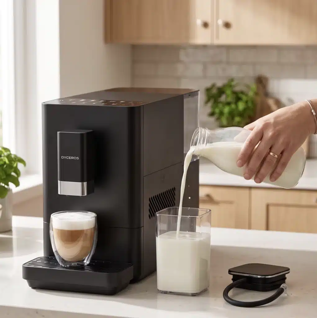 Dyceros Une personne verse du lait d'une bouteille en verre dans un récipient à côté d'une machine à café noire moderne, avec un cappuccino dans un verre à proximité sur un comptoir de cuisine.