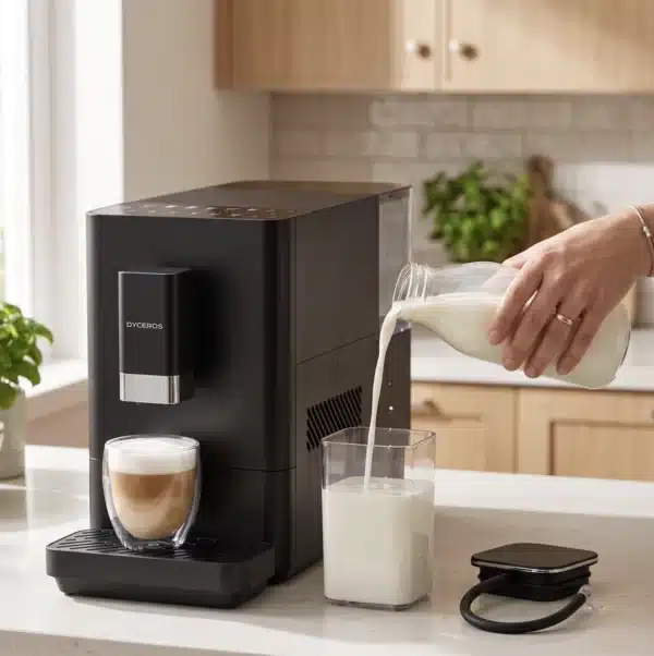 CF800_lait Dyceros Une personne verse du lait d'une bouteille en verre dans un récipient à côté d'une machine à café noire moderne, avec un cappuccino dans un verre à proximité sur un comptoir de cuisine.