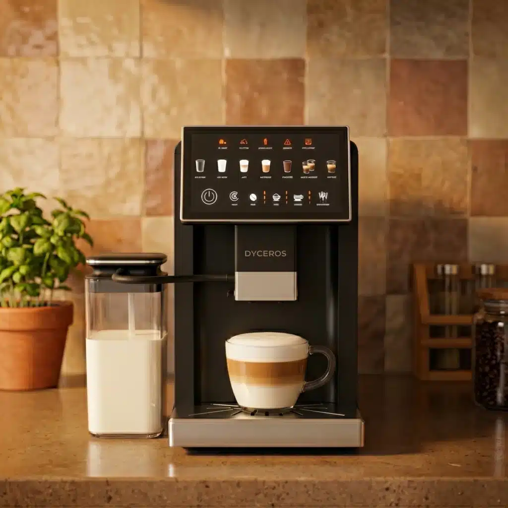 Dyceros Une machine à expresso automatique moderne à affichage numérique est posée sur le comptoir d'une cuisine, distribuant un café au lait dans une tasse en verre. Un récipient à lait est fixé et une plante en pot se trouve à l'arrière-plan.