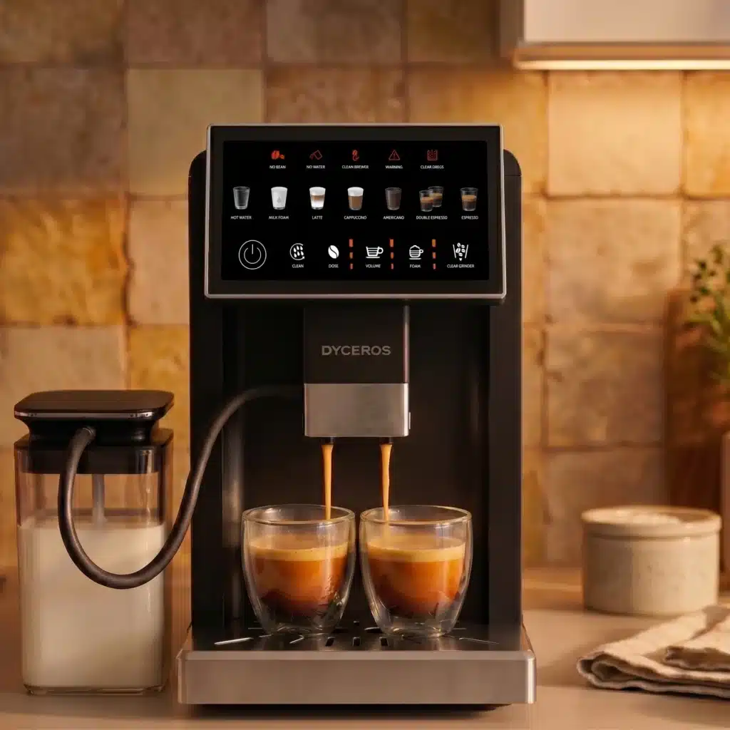 Dyceros Une machine à expresso moderne à affichage numérique prépare deux tasses de café. Un récipient à lait est relié par un tuyau et la machine est posée sur le comptoir de la cuisine, avec une serviette et un pot à proximité.