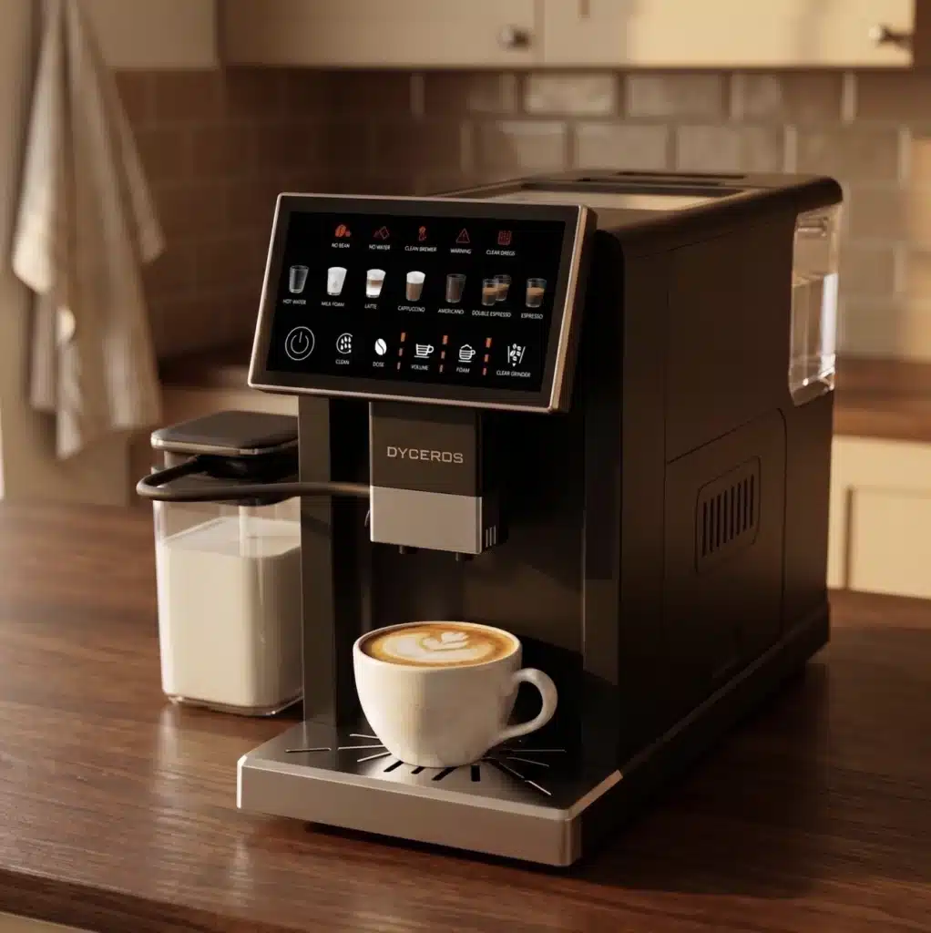 Dyceros Sur un comptoir de cuisine en bois, une machine à café noire moderne à affichage numérique distribue du café dans une tasse ornée d'un dessin de café au lait. Un récipient contenant du lait est placé à côté de la machine. L'éclairage chaud de la cuisine en arrière-plan.