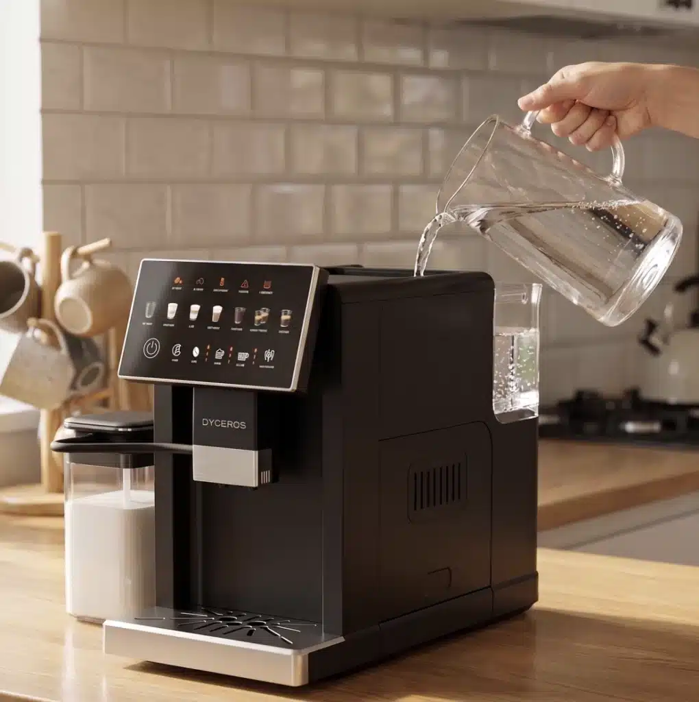 Dyceros Une personne verse de l'eau d'un pichet en verre dans le réservoir d'eau d'une machine à café automatique noire sur un comptoir de cuisine, avec un récipient à lait à côté de la machine et des tasses suspendues à l'arrière-plan.