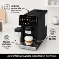 Dyceros La Machine à café à grains Dyceros Setosa LatteTouch 20 bars, expresso broyeur superautomatique avec réservoir de lait, prépare un café crémeux à partir de grains frais. Texte en français met en avant mousse onctueuse et pression 20 bars.