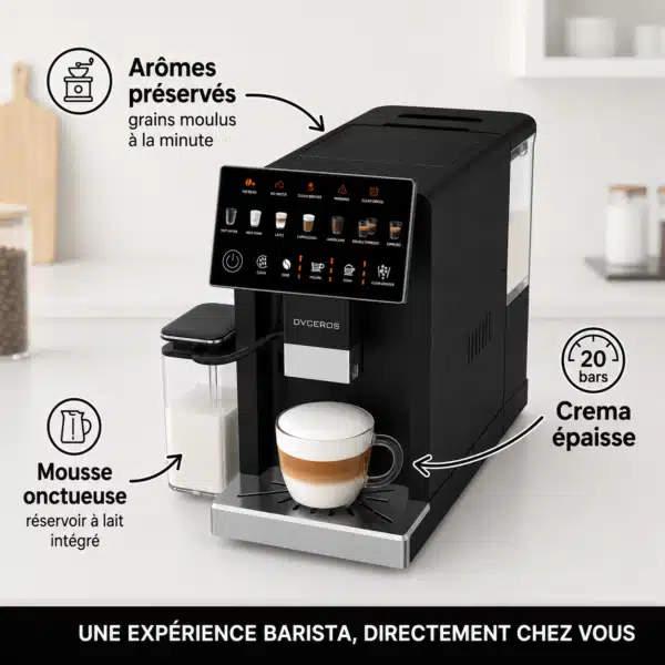 Dyceros La Machine à café à grains Dyceros Setosa LatteTouch 20 bars, expresso broyeur superautomatique avec réservoir de lait, prépare un café crémeux à partir de grains frais. Texte en français met en avant mousse onctueuse et pression 20 bars.