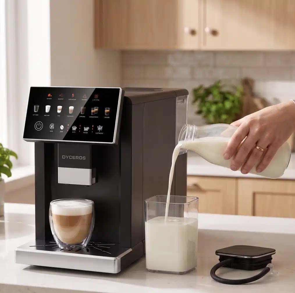 Dyceros Une personne verse du lait d'une bouteille en verre dans un récipient carré à côté d'une machine à café moderne à affichage numérique sur le comptoir d'une cuisine. Un verre de café au lait se trouve sur le plateau d'égouttage de la machine.