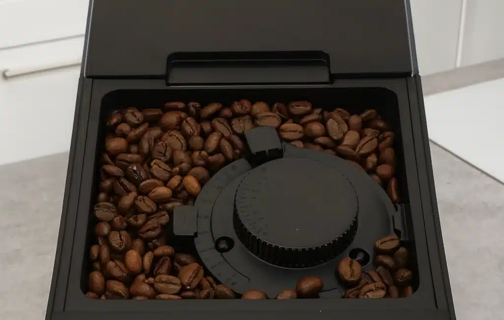 Dyceros Gros plan sur un moulin à café rempli de grains de café entiers. Le cadran noir de réglage de la mouture est visible au centre de la machine.