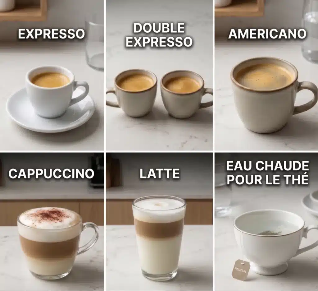 Dyceros Six boissons sont présentées : expresso dans une petite tasse, double expresso dans deux tasses, Americano dans une grande tasse, cappuccino avec mousse et cacao, latte dans un grand verre et eau chaude pour le thé avec un sachet de thé.