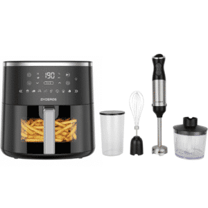 Dyceros L'ensemble Duo Cuisine Rapide présente la friteuse numérique noire Dyceros ClearFry 5.7L 1600W avec des frites à l'intérieur, à côté d'un mixeur manuel 1000W avec fouet, tasse, baguette mélangeuse et hachoir, le tout présenté sur un fond blanc.
