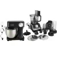 pack_RP700_RC700 Dyceros Le Combo Chef à Domicile comprend un robot de cuisine de 1000 W (bol de 1,5 L) et un batteur sur socle de 800 W (bol en acier inoxydable de 5 L) avec des accessoires tels que des bols de mixage, des lames, des fouets, un bocal de mixage et des disques à trancher et à déchiqueter sur un fond blanc.