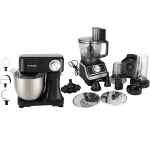 Dyceros Le Combo Chef à Domicile comprend un robot de cuisine de 1000 W (bol de 1,5 L) et un batteur sur socle de 800 W (bol en acier inoxydable de 5 L) avec des accessoires tels que des bols de mixage, des lames, des fouets, un bocal de mixage et des disques à trancher et à déchiqueter sur un fond blanc.