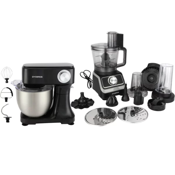 pack_RP700_RC700 Dyceros Le Combo Chef à Domicile comprend un robot de cuisine de 1000 W (bol de 1,5 L) et un batteur sur socle de 800 W (bol en acier inoxydable de 5 L) avec des accessoires tels que des bols de mixage, des lames, des fouets, un bocal de mixage et des disques à trancher et à déchiqueter sur un fond blanc.
