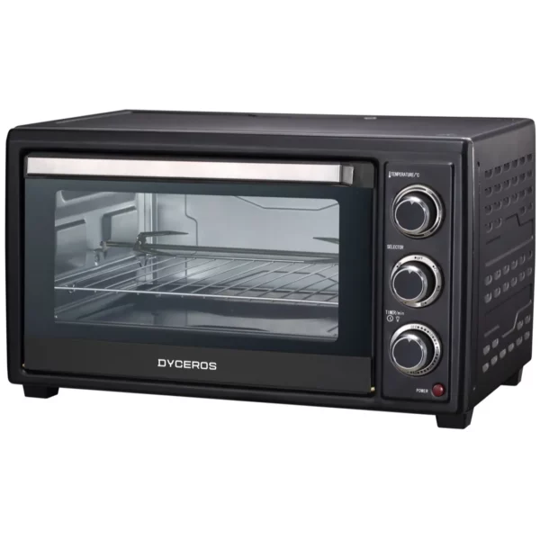 FE350_C_webp_80 Dyceros Four de comptoir noir doté d'une porte en verre à double épaisseur, de trois boutons de commande situés sur le côté droit, d'une grille intérieure et du nom de la marque « Dyceros » visible sur la façade. Nom du produit : Four électrique Dyceros Solaro 35 L | Chaleur tournante, rôtissoire et vitre double épaisseur.