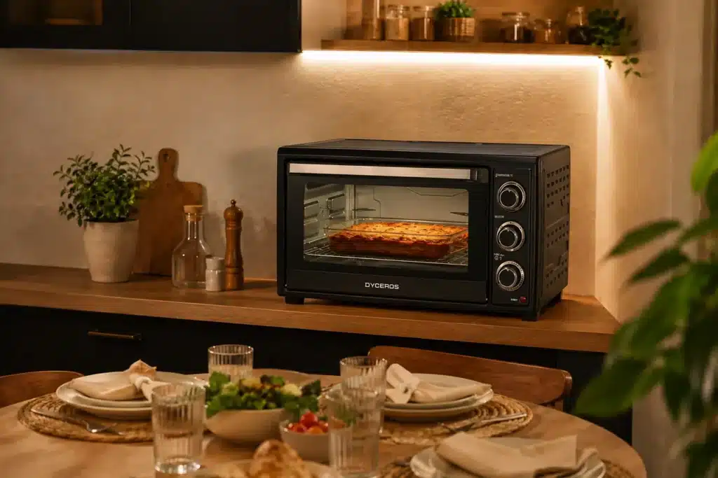 Dyceros Un four de comptoir, dans lequel se trouve un plat au four, est posé sur un plan de travail en bois. Au premier plan, une table à manger est dressée avec des assiettes, des verres, de la salade et du pain. Un éclairage chaleureux crée une ambiance conviviale.