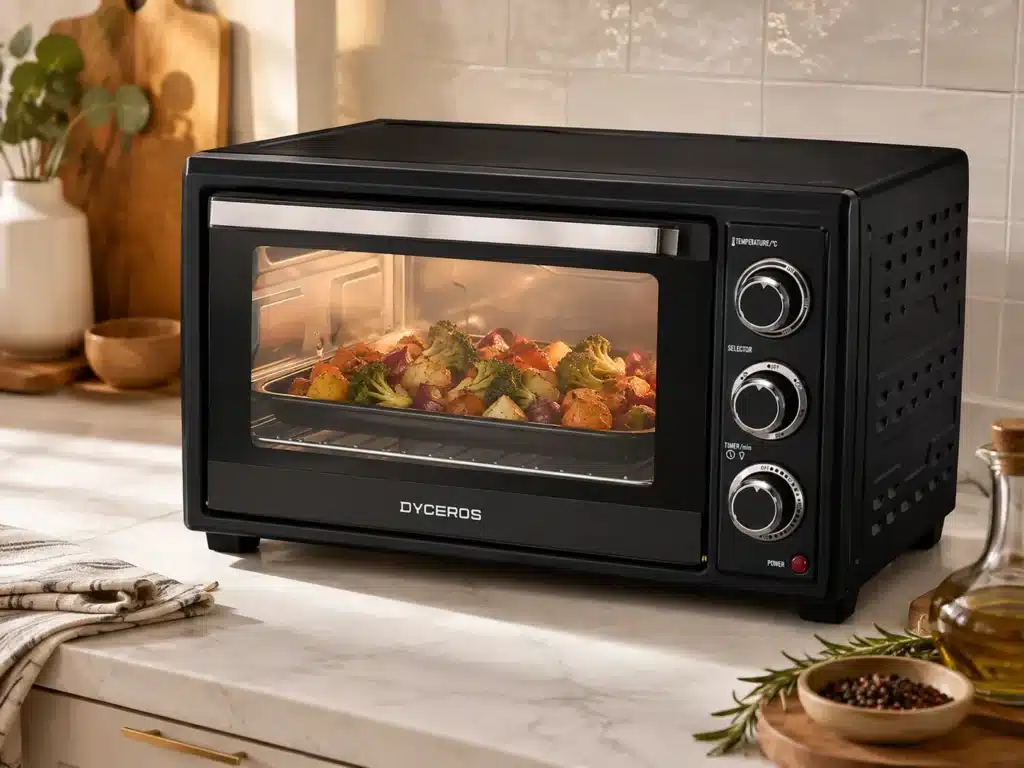Dyceros Un four grille-pain noir est en train de cuire un plat de légumes, notamment du brocoli et des pommes de terre, posé sur un plan de travail de cuisine, à proximité duquel se trouvent divers ustensiles et des plantes.