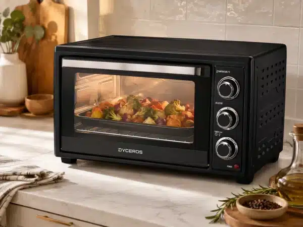 Dyceros Un four grille-pain noir est en train de cuire un plat de légumes, notamment du brocoli et des pommes de terre, posé sur un plan de travail de cuisine, à proximité duquel se trouvent divers ustensiles et des plantes.