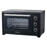 Dyceros Un four électrique Dyceros Solaro 45 L de couleur noire, doté d'une double porte vitrée, de trois boutons de commande situés sur le côté droit et d'une grille métallique à l'intérieur. Le nom de la marque « DYCEROS » figure sur la face avant.