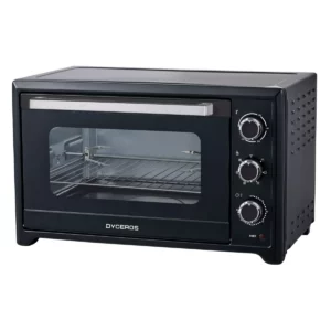 Dyceros Un four électrique Dyceros Solaro 45 L de couleur noire, doté d'une double porte vitrée, de trois boutons de commande situés sur le côté droit et d'une grille métallique à l'intérieur. Le nom de la marque « DYCEROS » figure sur la face avant.