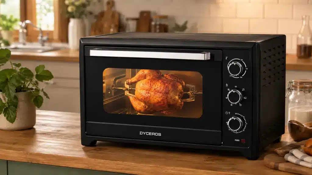 Dyceros Un poulet rôti succulent cuit à l'intérieur du Four électrique Dyceros Solaro 45L, un four de comptoir noir aux lignes épurées, doté de boutons de réglage et d'une vitre à double épaisseur, posé sur un plan de travail en bois. À l'arrière-plan, des plantes, des bocaux et des ustensiles viennent parachever l'ambiance chaleureuse de la cuisine.