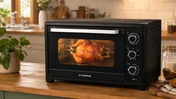 Dyceros Un poulet rôti succulent cuit à l'intérieur du Four électrique Dyceros Solaro 45L, un four de comptoir noir aux lignes épurées, doté de boutons de réglage et d'une vitre à double épaisseur, posé sur un plan de travail en bois. À l'arrière-plan, des plantes, des bocaux et des ustensiles viennent parachever l'ambiance chaleureuse de la cuisine.