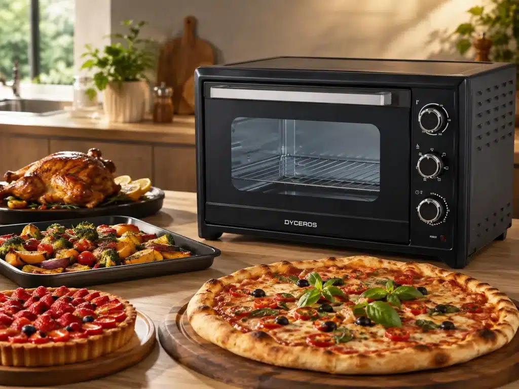 Dyceros Un four de comptoir est posé sur une table de cuisine, devant lequel se trouvent un poulet rôti, des légumes rôtis, une tarte aux fruits rouges et une pizza garnie de basilic. La lumière du soleil pénètre par une fenêtre à l'arrière-plan.