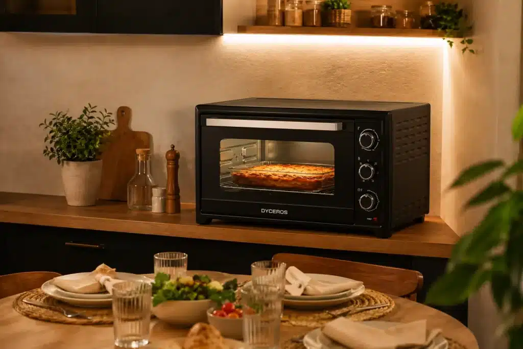 Dyceros Un four de comptoir, dans lequel se trouve un plat au four, est posé sur un plan de travail en bois. Au premier plan, on aperçoit une table à manger dressée avec des assiettes, des verres, des salades et des couverts. Un éclairage chaleureux crée une ambiance conviviale.