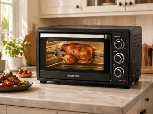 FE450_poulet_roti Dyceros Un poulet entier rôtit à la broche à l'intérieur du Four électrique Dyceros Solaro 35L, équipé d'un système de cuisson par convection et d'une porte en verre à double épaisseur. Cet élégant four de comptoir noir est posé sur un plan de travail de cuisine, à proximité d'une assiette de nourriture et de tomates, tandis que l'on aperçoit des placards de cuisine en arrière-plan.