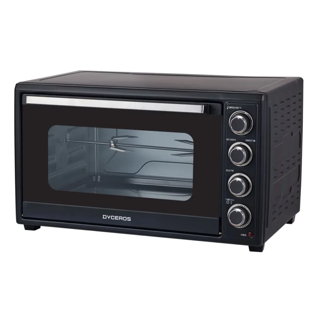 Dyceros Un four électrique Dyceros Solaro 60 L de couleur noire, doté d'une porte en verre à double épaisseur, de quatre boutons de commande situés sur le côté droit et d'une grille métallique à l'intérieur. Le nom de la marque « DYCEROS » figure sur le panneau avant.