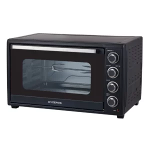 Dyceros Un four électrique Dyceros Solaro 60 L de couleur noire, doté d'une porte en verre à double épaisseur, de quatre boutons de commande situés sur le côté droit et d'une grille métallique à l'intérieur. Le nom de la marque « DYCEROS » figure sur le panneau avant.