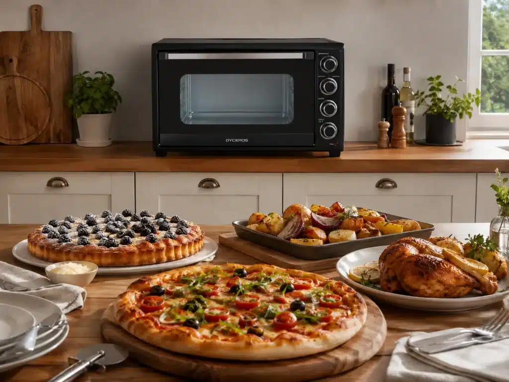 Dyceros Un plan de travail de cuisine avec une table dressée pour le dîner, sur laquelle sont disposés une pizza, un poulet rôti accompagné de pommes de terre, une tarte aux fruits rouges, un petit bol de crème, et un four encastré noir en arrière-plan.