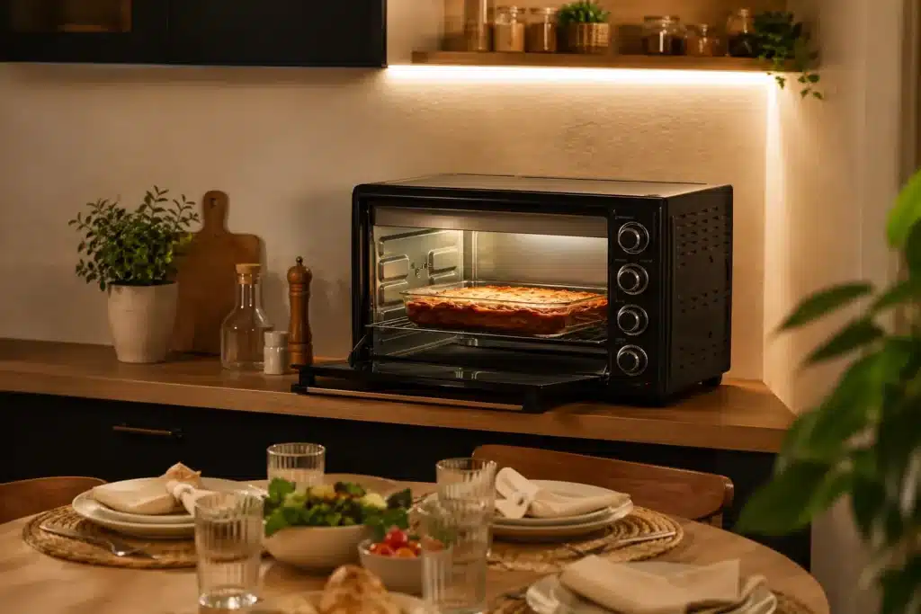 Dyceros Un plan de travail de cuisine sur lequel se trouve un four grille-pain noir dans lequel cuit une lasagne. Au premier plan, une table à manger dressée avec des assiettes, des verres, des serviettes et une salade. La cuisine est baignée d'une lumière chaleureuse et agrémentée de plantes.