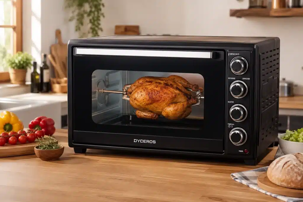 Dyceros Un poulet entier rôtit à la broche dans un four de comptoir noir, au cœur d'une cuisine chaleureuse où des légumes frais et des herbes aromatiques trônent sur le plan de travail en bois.