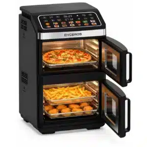Dyceros Four à air chaud à deux zones AF1000 avec deux portes vitrées, présentant une pizza sur la grille supérieure et des frites et des nuggets sur les grilles inférieures.