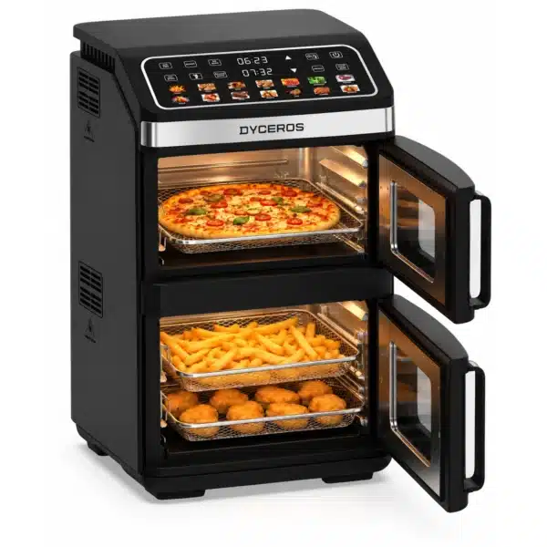 Dyceros Four à air chaud à deux zones AF1000 avec deux portes vitrées, présentant une pizza sur la grille supérieure et des frites et des nuggets sur les grilles inférieures.