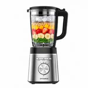 BL800_seul_strates Dyceros Mixeur Dyceros BL800 avec un bol en verre rempli de couches successives d'épinards, de banane, de fraises, de mangue, de flocons d'avoine et de glaçons.
