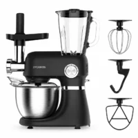 RC800 Dyceros Un robot pâtissier RC800 noir mat, équipé d'un bol en acier inoxydable, d'un hachoir à viande et d'un mixeur en verre, présenté ici avec, à droite, un fouet, un crochet pétrisseur et un batteur.