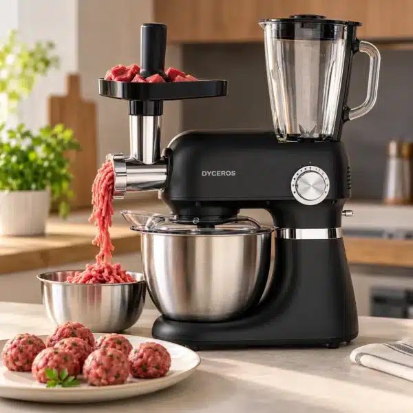 RC800_boulettes Dyceros Un robot pâtissier Black Dyceros équipé d'un hachoir à viande qui distribue de la viande hachée dans un saladier, à côté d'une assiette de boulettes de viande crues.