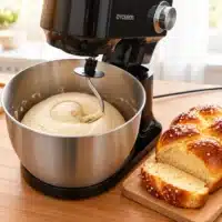 RC800_brioche Dyceros Un robot pâtissier Dyceros noir équipé d'un crochet pétrisseur, en train de pétrir de la pâte à pain dans un saladier en inox, à côté d'une miche de pain tressé coupée en tranches, posée sur une planche en bois.