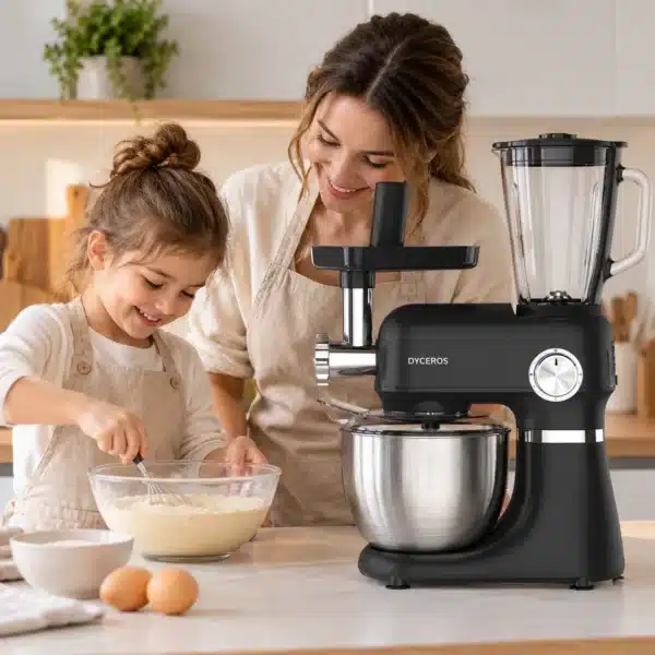 RC800_famille Dyceros Une femme et une jeune fille, vêtues de tabliers, préparent un repas ensemble à côté d'un robot pâtissier Dyceros noir équipé d'un mixeur.