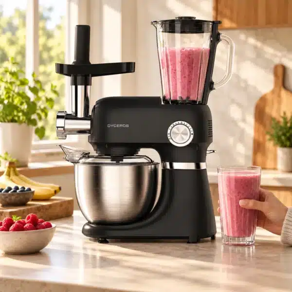 RC800_smoothie Dyceros Un robot de cuisine multifonction noir, équipé d'un mixeur et d'un hachoir à viande, posé sur un plan de travail à côté d'une main tenant un verre de smoothie rose.