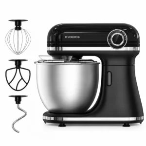 RP800 Dyceros Robot pâtissier RP800 noir, équipé d'un bol en acier inoxydable et de trois accessoires : un fouet, un batteur plat et un crochet pétrisseur.