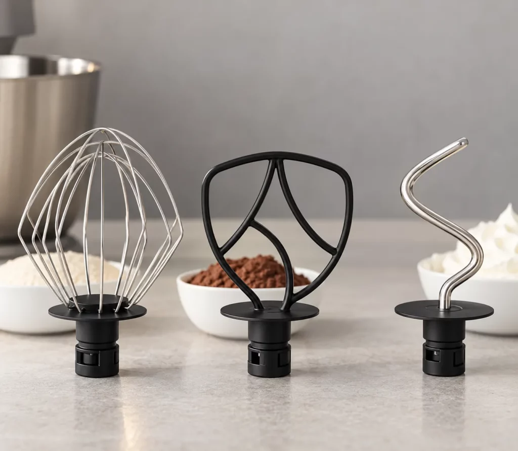 Dyceros Trois accessoires pour robot pâtissier : un fouet, un batteur plat et un crochet pétrisseur, posés devant trois petits bols contenant des ingrédients.