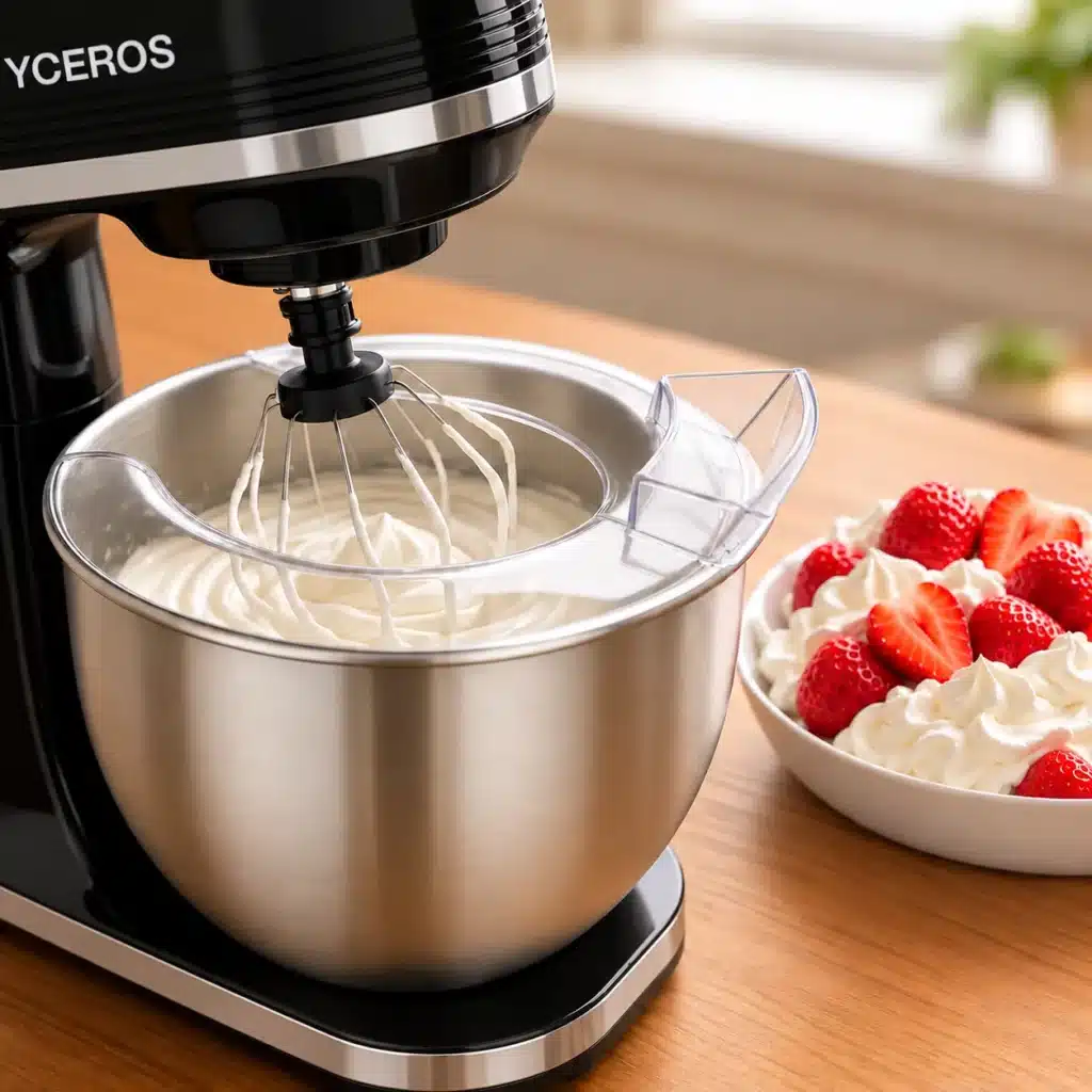 Dyceros Un robot pâtissier noir équipé d'un fouet métallique qui bat de la crème dans un saladier en inox, à côté d'un saladier de crème fouettée garnie de fraises fraîches.