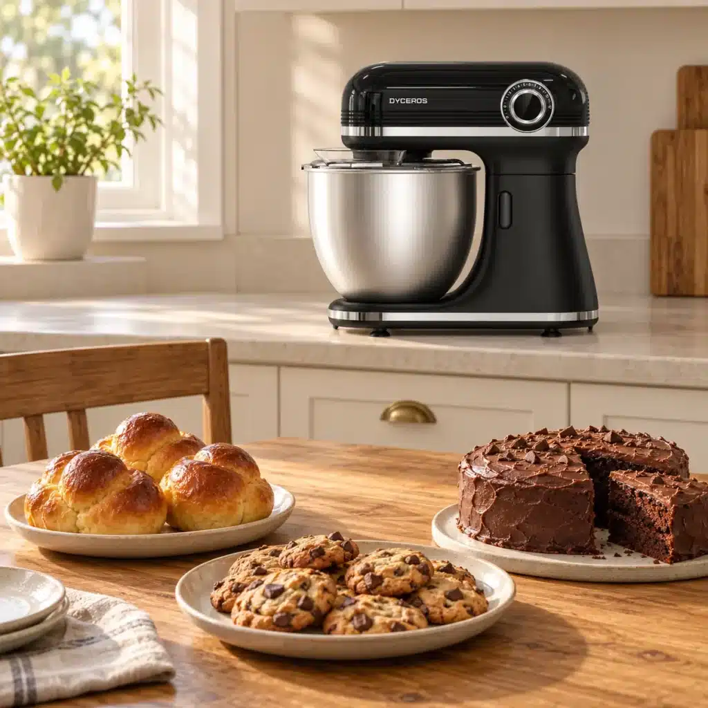 Dyceros Un robot pâtissier noir posé sur un plan de travail, à côté d'assiettes remplies de petits pains, de cookies aux pépites de chocolat et d'un gâteau au chocolat posés sur une table en bois.